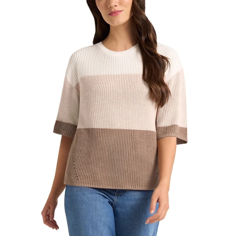 Matty M Womens Colorblock Elbow Sleeve Sweater Taupe Brown XS NEW